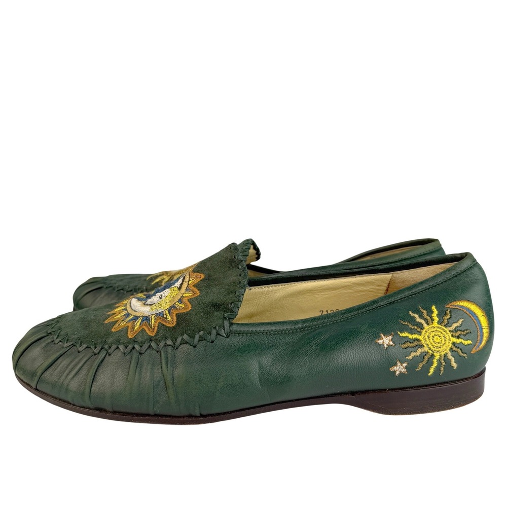 Susan Bennis Warren Edwards Leather Loafers Green Sun Moon Embroidery Italian - Picture 8 of 13
